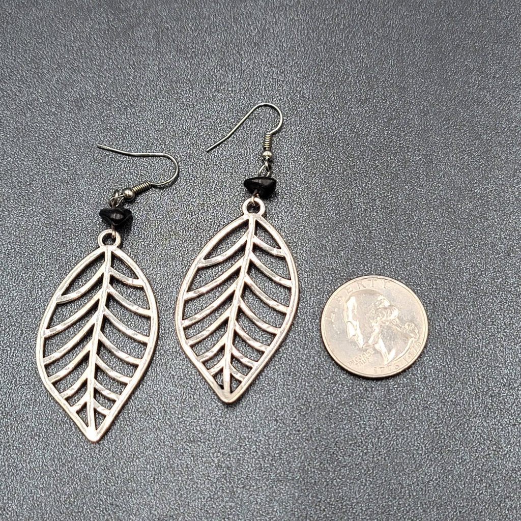 Pierced Earrings Open Work Leaf Black Stone Bead Dangle Long 2.25"