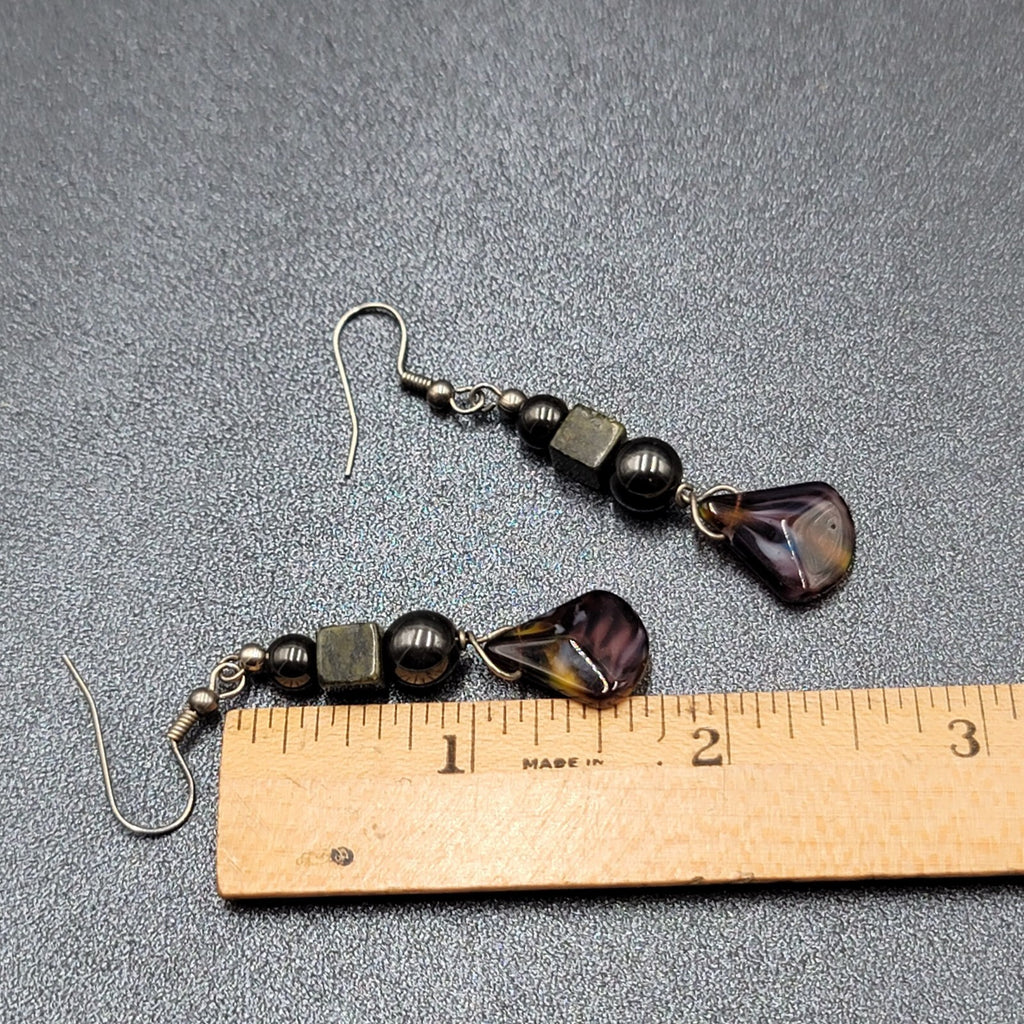 Vintage Pierced Earrings Magnetic Hematite Green Stone Beaded Dangle 1.75"