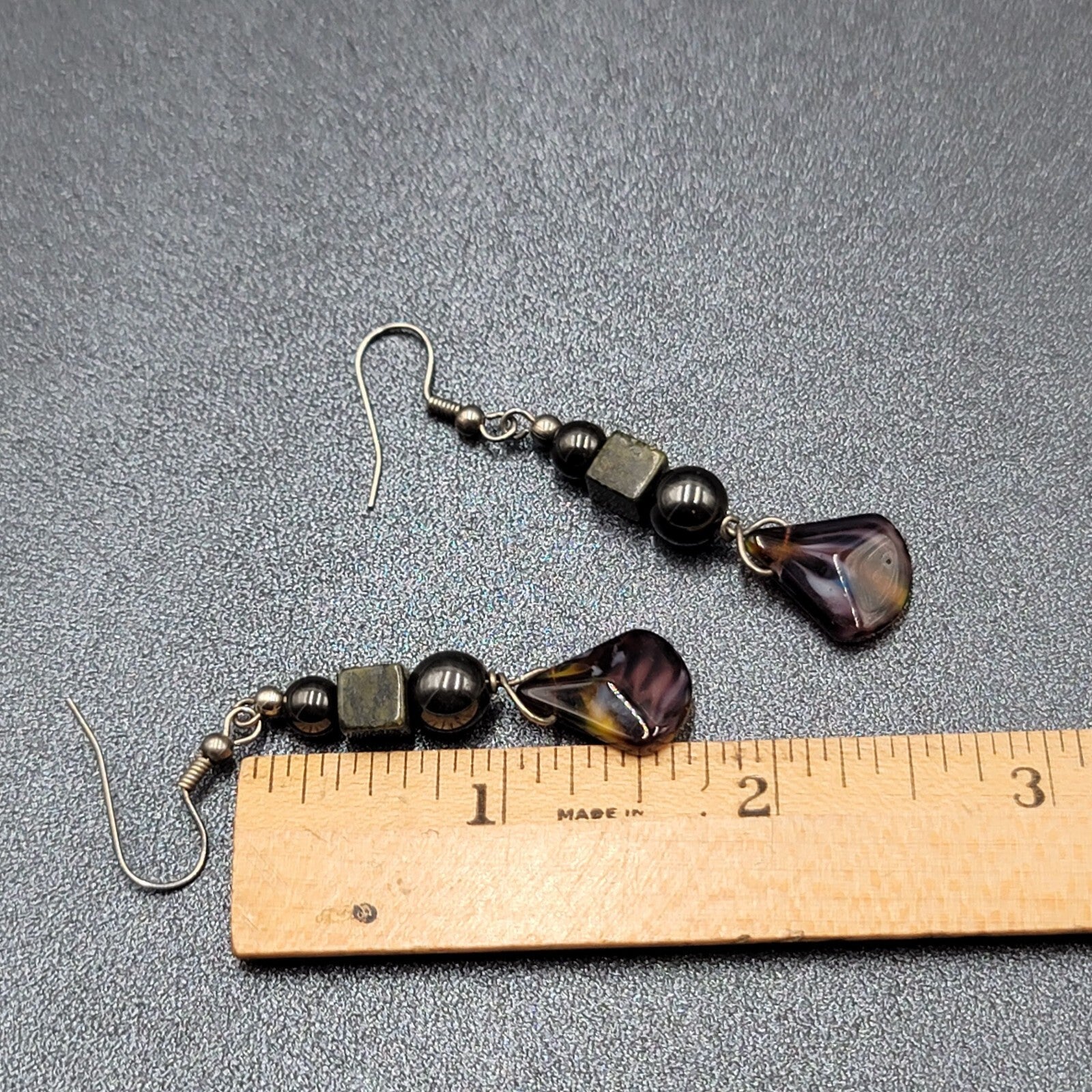 Vintage Pierced Earrings Magnetic Hematite Green Stone Beaded Dangle 1.75"