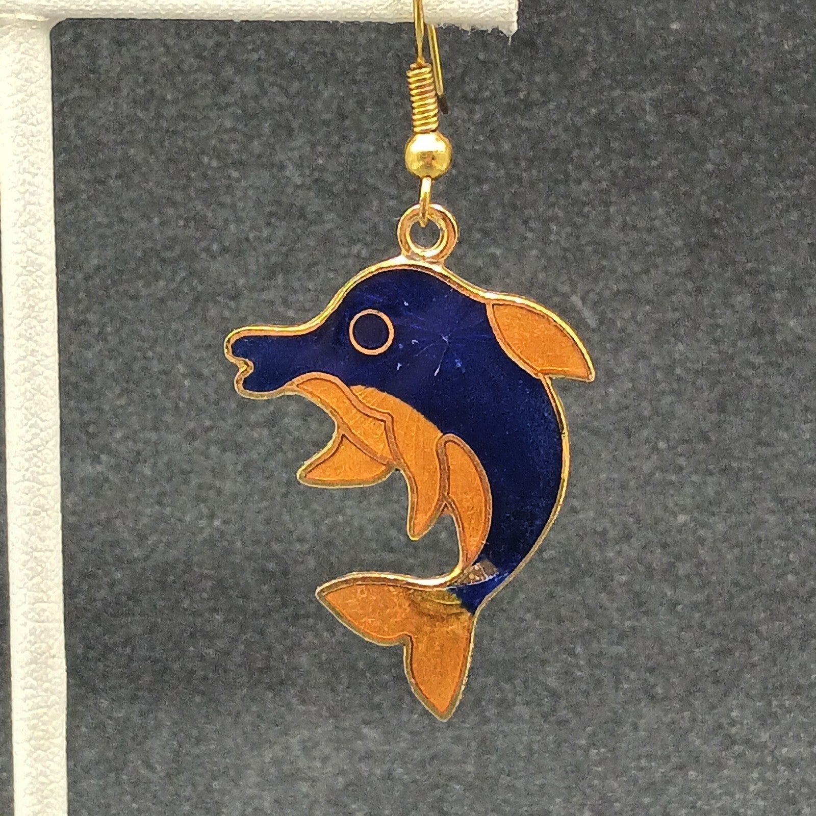 Vintage Dolphin Pierced Earrings Gold tone Blue Orange Enamel Dangle 1 1/4"