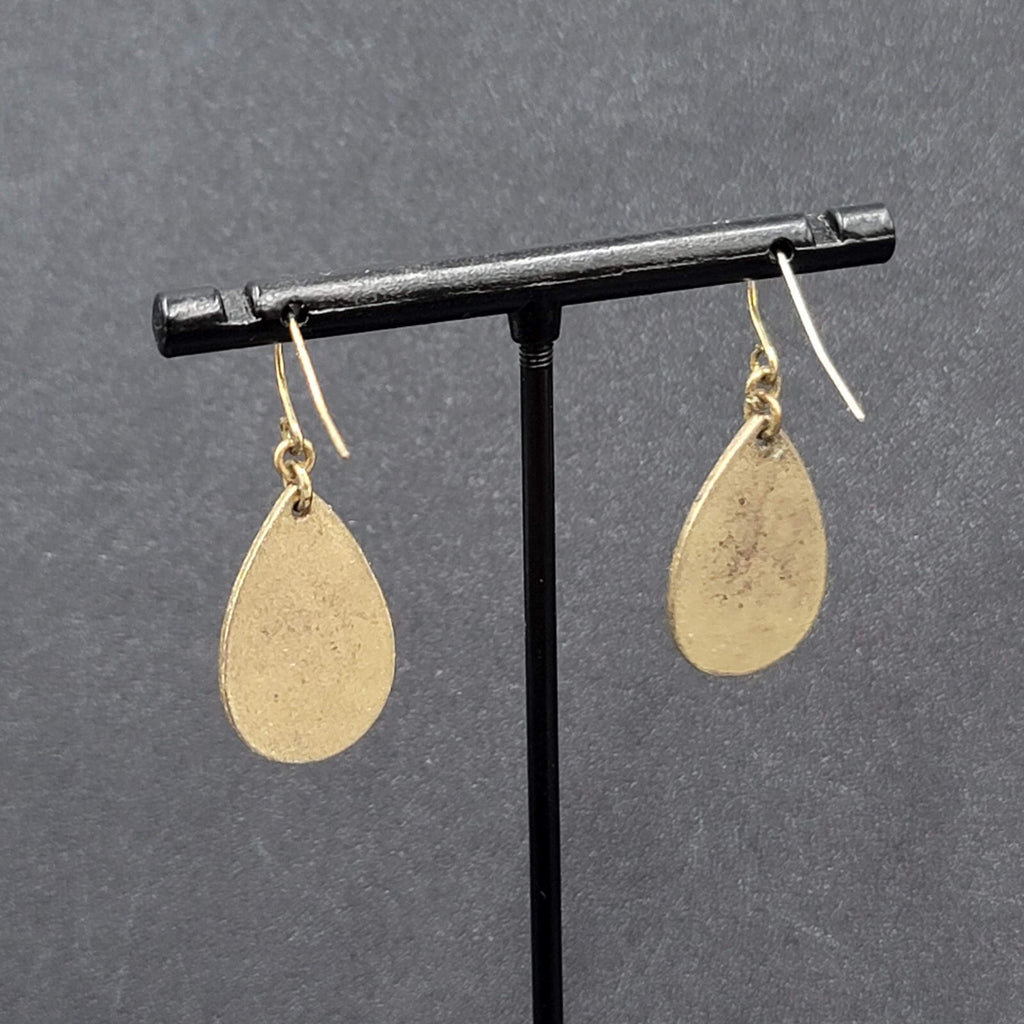 Pierced Earrings Antiqued Gold tone Teardrop Faceted Red Accent 1"