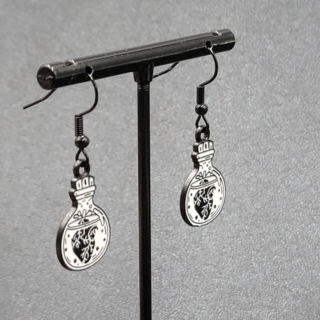 Poison Heart in Jar Pierced Earrings Black White Enamel Dangle 7/8" 