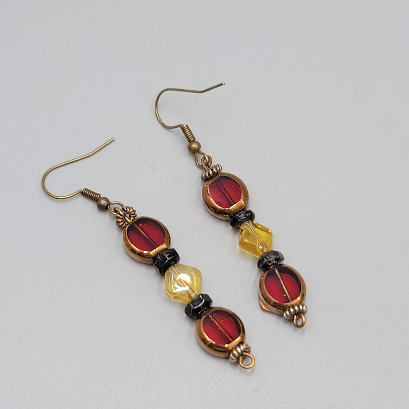 Red Yellow Glass Bead Pierced Earrings Bronze tone Dangle 1.75"