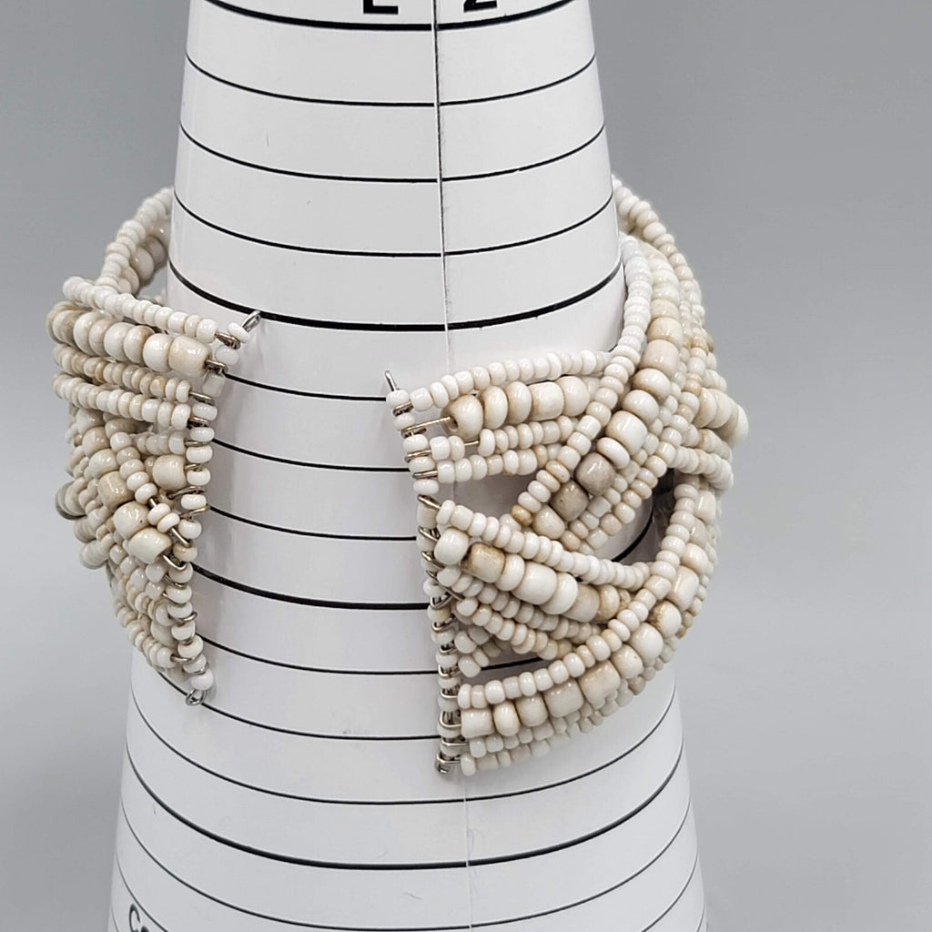 Vintage Cuff Bracelet White Beige Seed Bead Woven 7"+