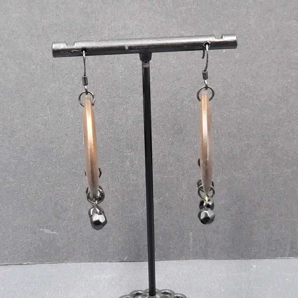 Pierced Earrings Black Metal Round Wood Black Beads Dangle 1.75"