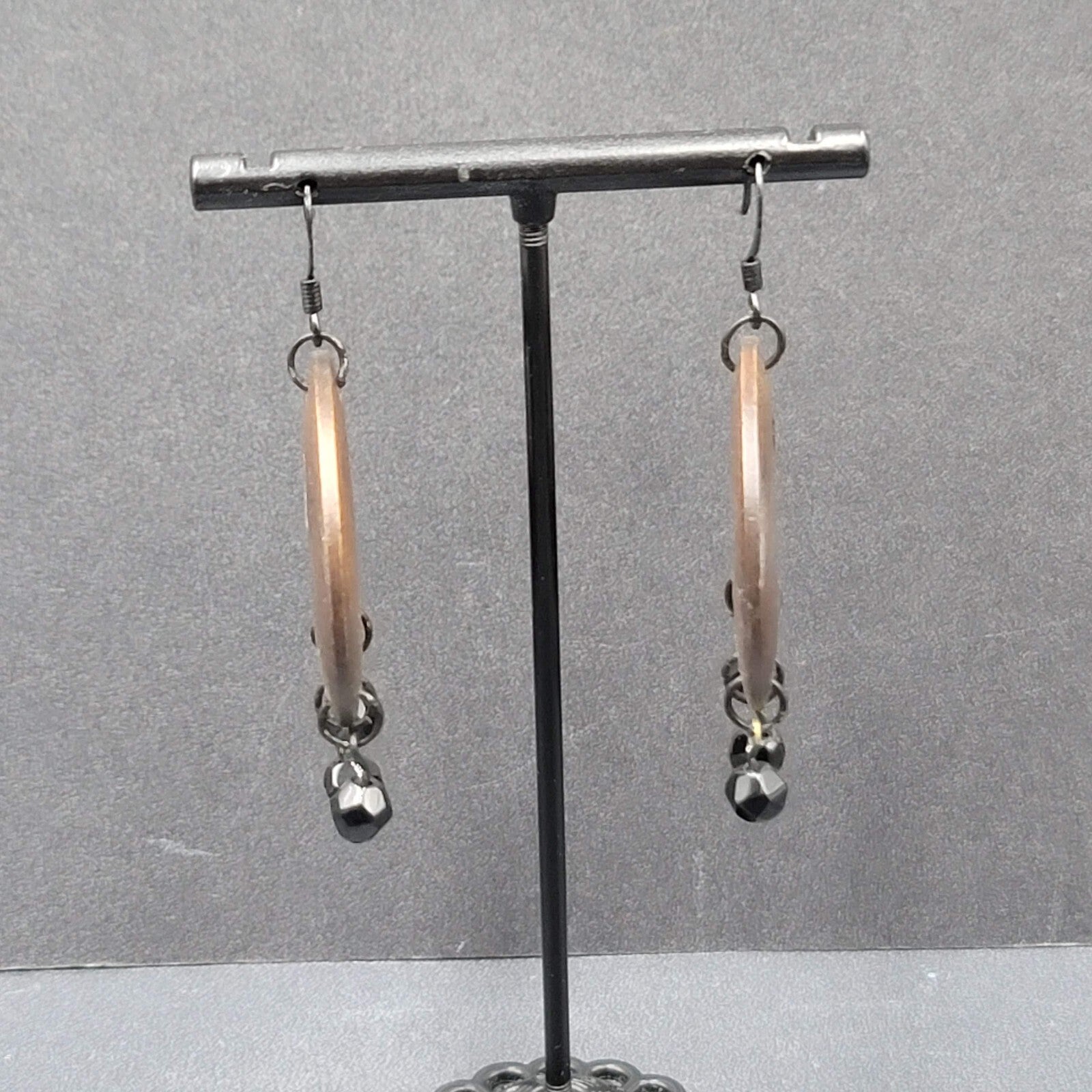 Pierced Earrings Black Metal Round Wood Black Beads Dangle 1.75"