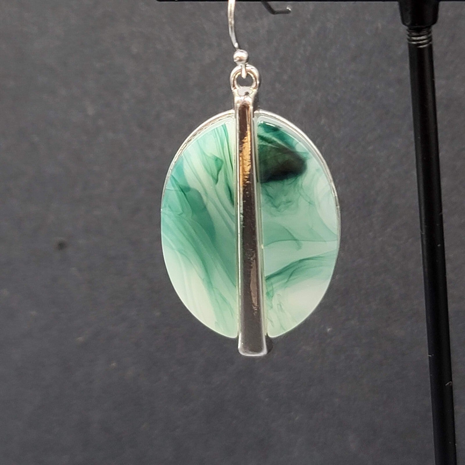 Pierced Earrings Silver tone Green White Resin Oval Dangle 1 3/8"
