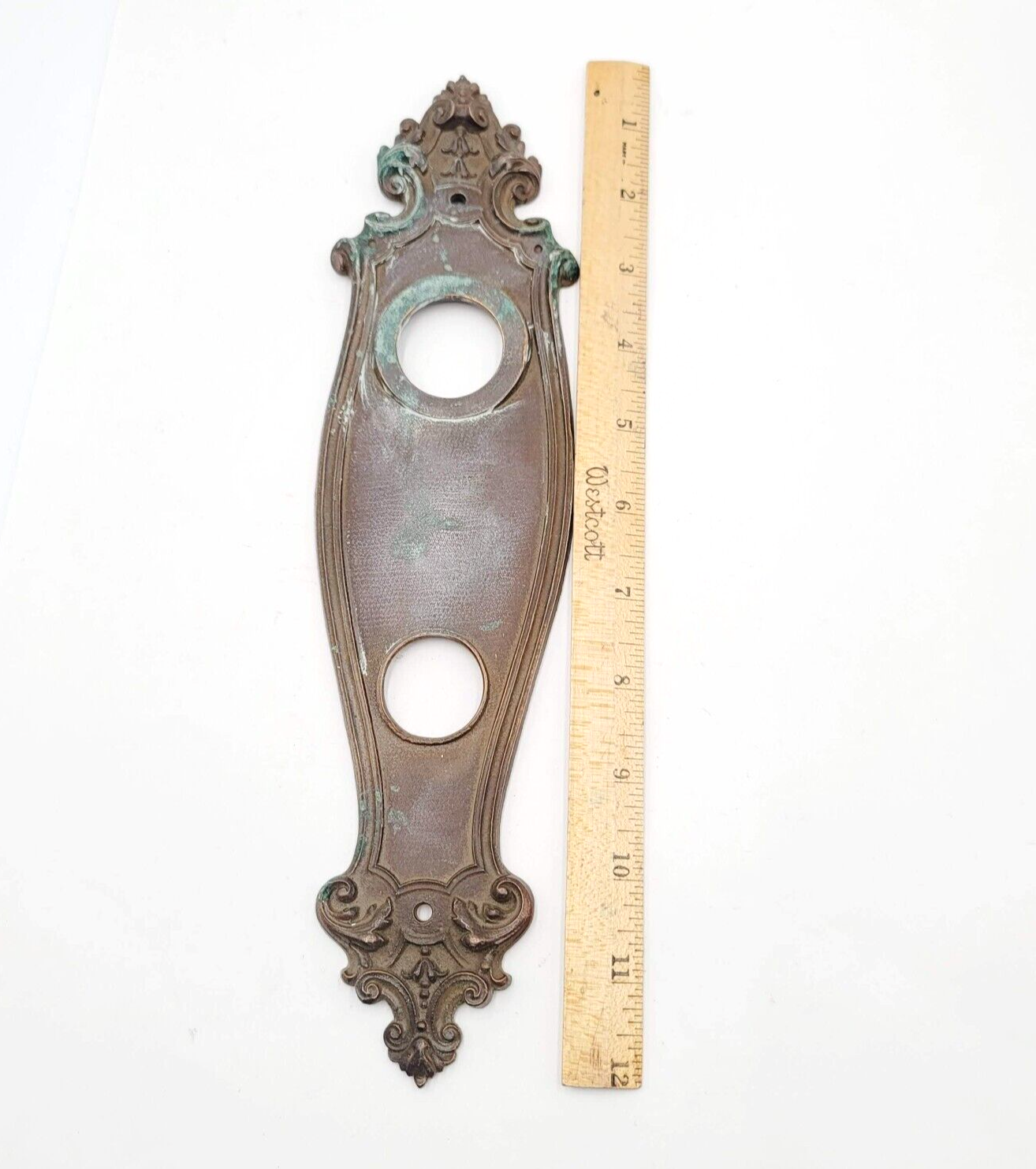 Antique Vintage Door Knob Back Plate Ornate Victorian Brass Deadbolt 11.75"