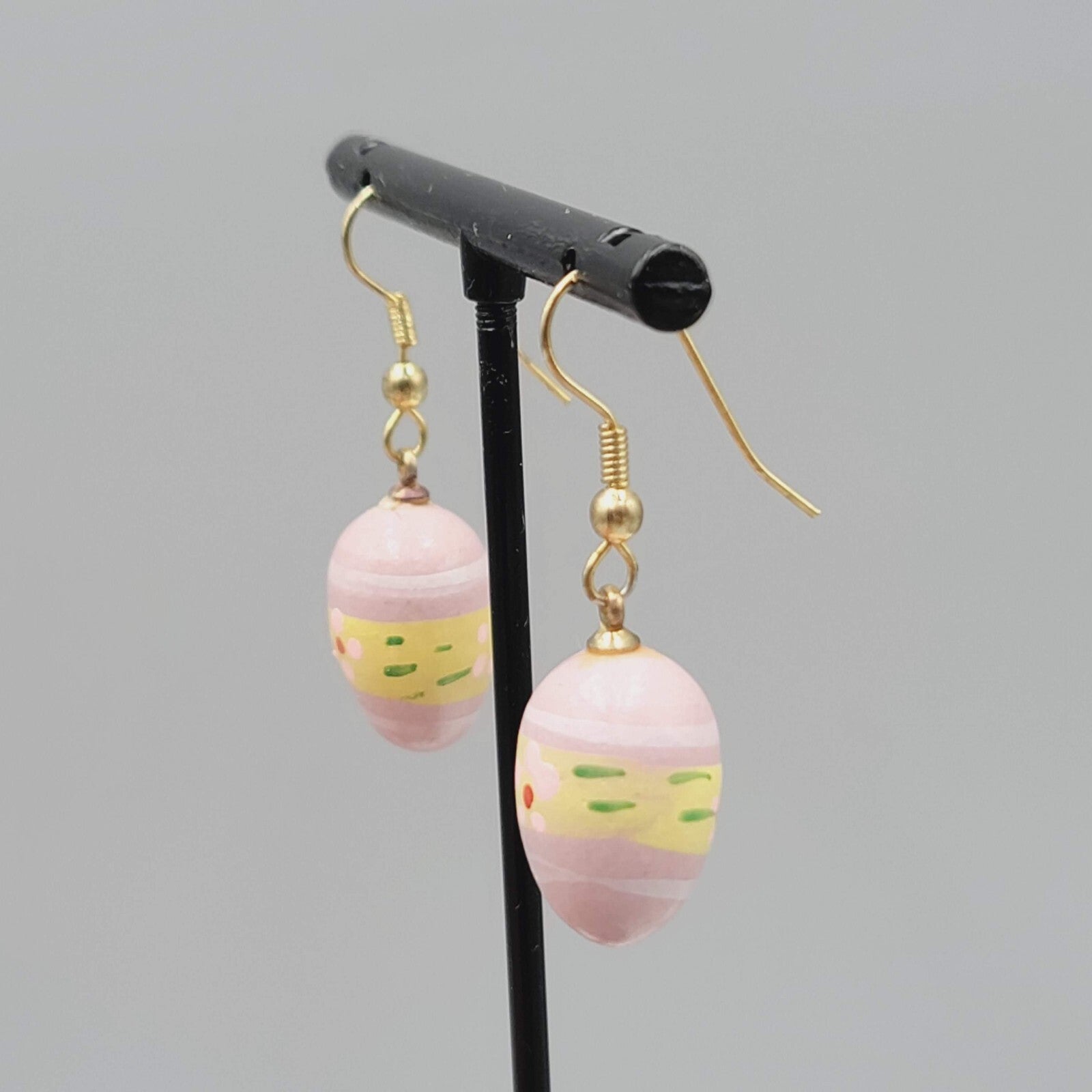 Vintage Pink Easter Egg Pierced Earrings Hand Painted Wood Dangle 7/8"