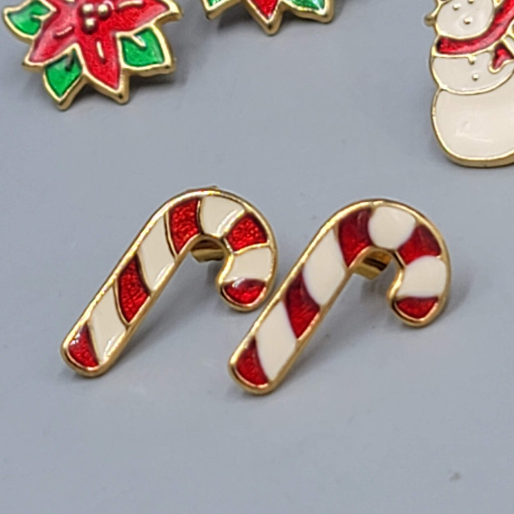 Christmas Pierced Earrings Gold tone Drop Poinsettia Snowman Candy cane Lot of 3