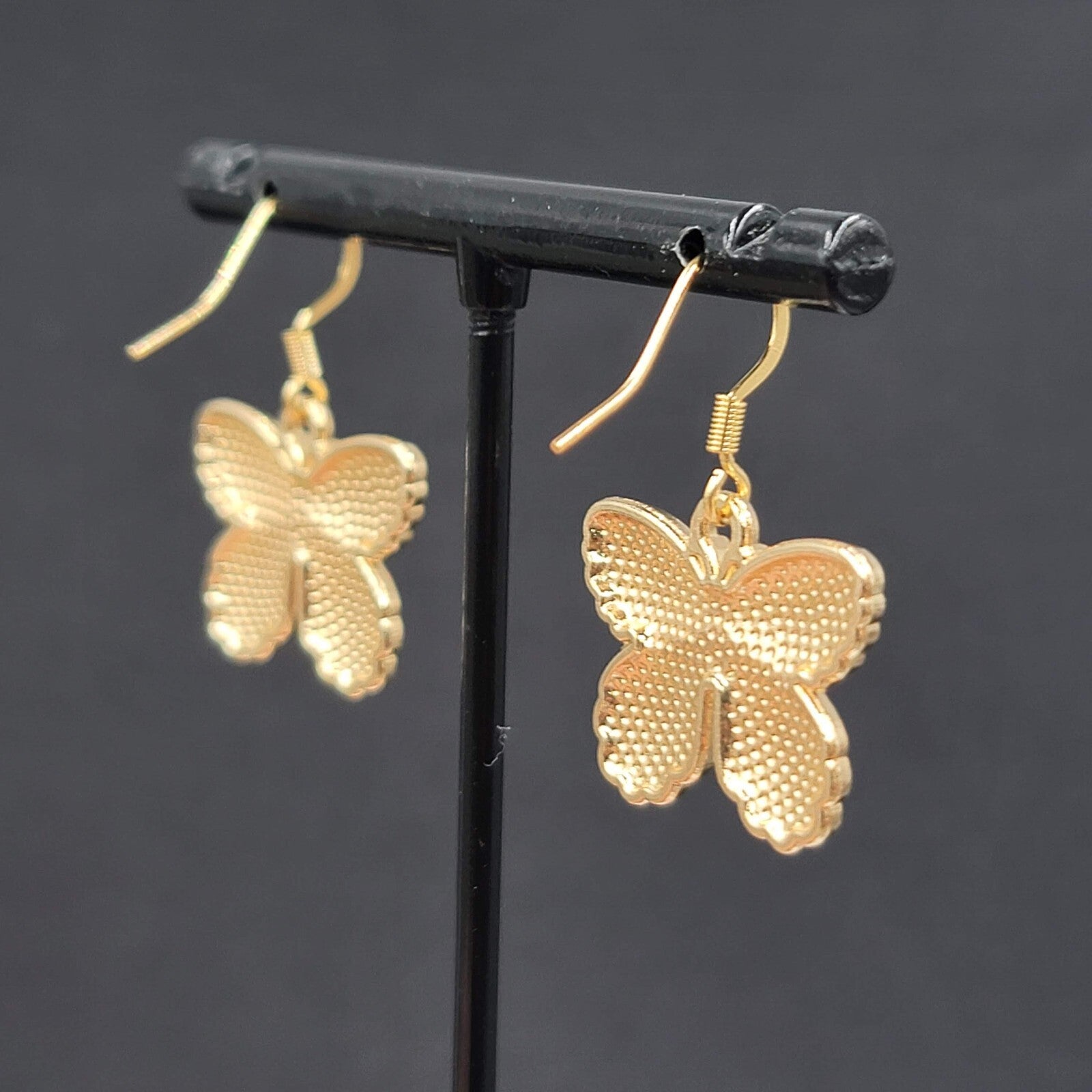 Moth Pink Enamel Pierced Earrings Gold tone Dangle Butterfly 3/4"