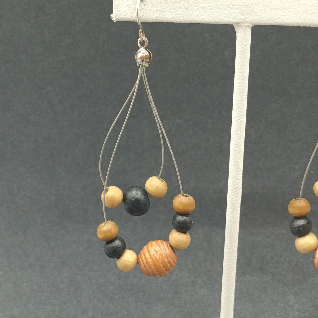 Pierced Earrings Silver tone Wood Beaded Wire Loop Dangle 2 3/8"