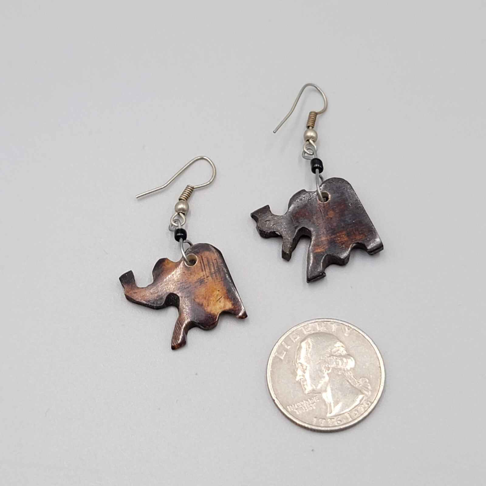 Vintage Elephant Pierced Earrings Hand Carved Wood Dangle Silver tone Hooks 1"