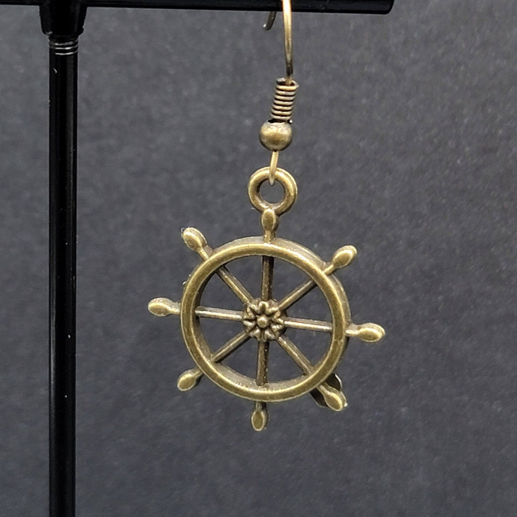 New Helm Pierced Earrings Bronze tone Ships Wheel Nautical Dangle 1"