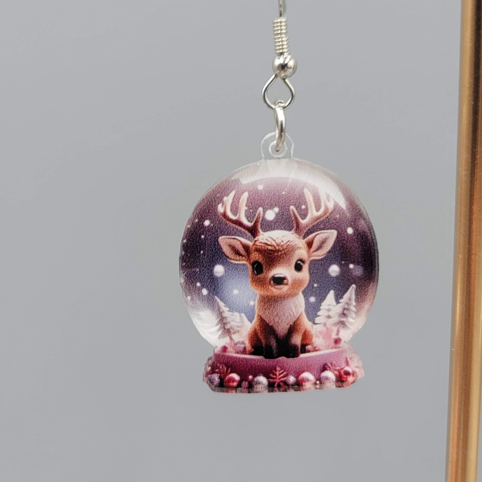 Christmas Snow Globe Reindeer Pierced Earrings Silver tone Dangle 1.25 in