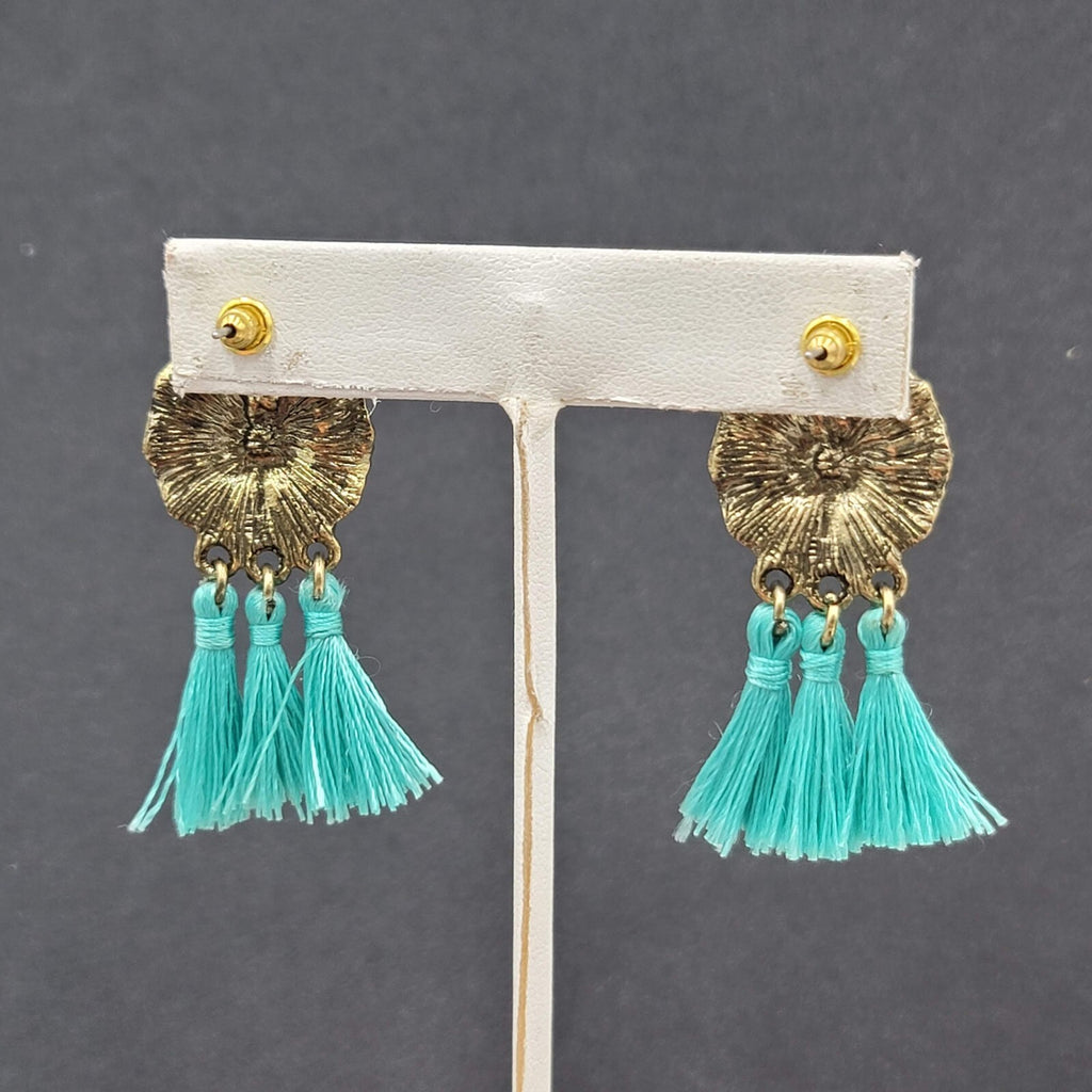 Pierced Earrings Gold tone Blue Rhinestone Tassel 2"