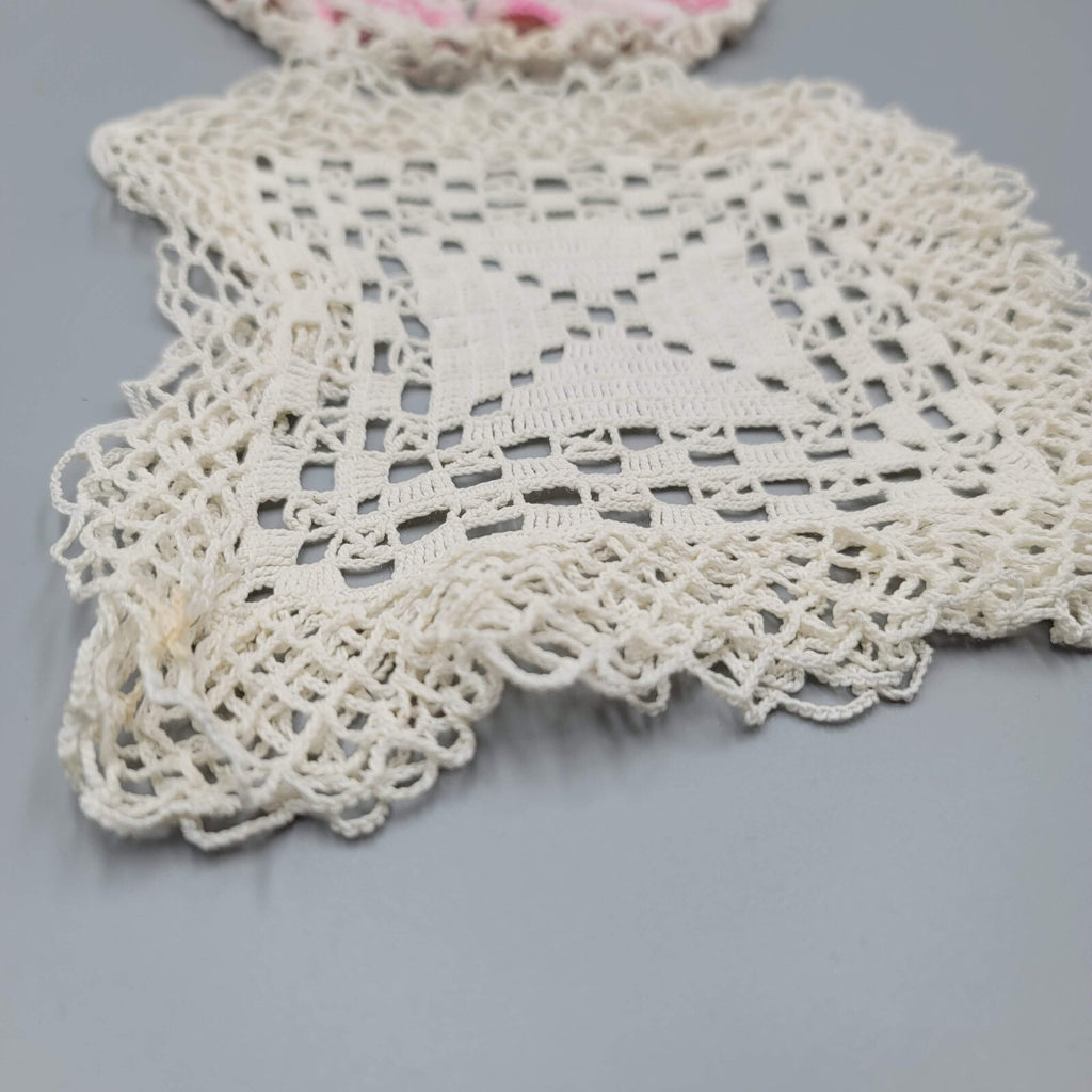2 Vintage Crocheted Doilies Pink White Green Flowers