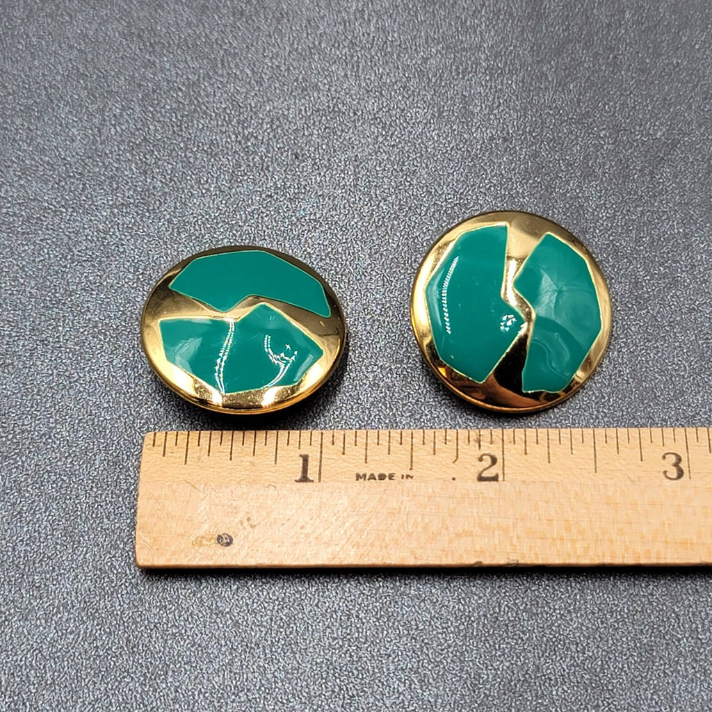 Vintage Clip on Earrings Gold tone Green Enamel Round 1 1/8"