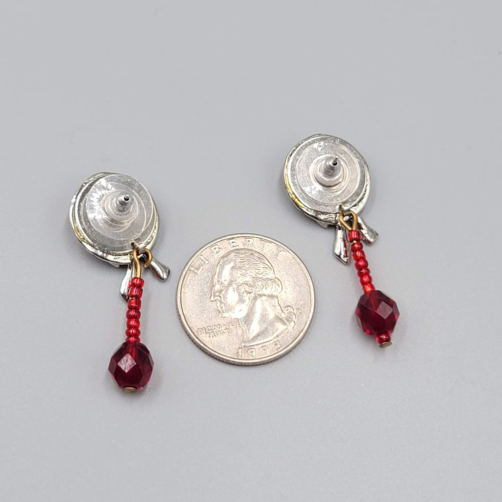 Vintage Red Hat Society Pierced Earrings Enamel Dangle 1.5"