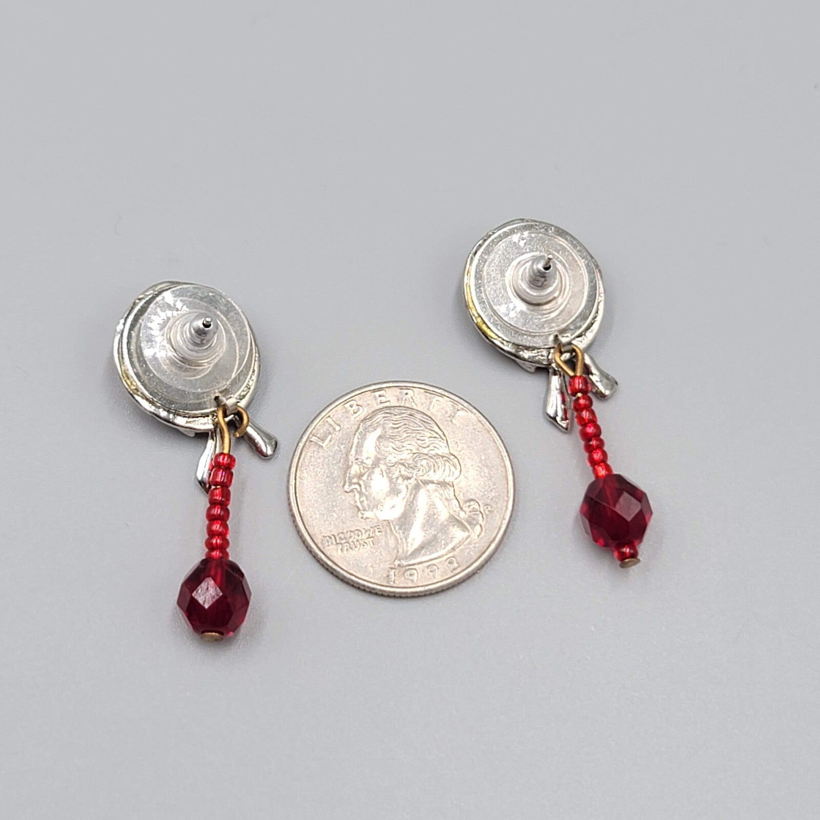 Vintage Red Hat Society Pierced Earrings Enamel Dangle 1.5"