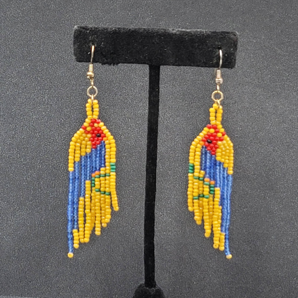 Vintage Pierced Earrings Yellow Seed Bead Parrot Bird Dangle 2.75"