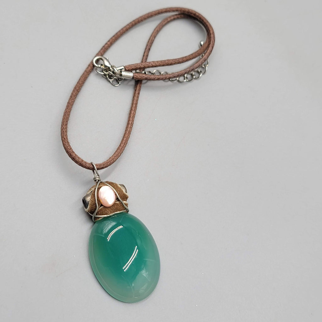 Artisan Boho Hippie Necklace Green Glass Pendant Leather and Brown Cord 16"-18"