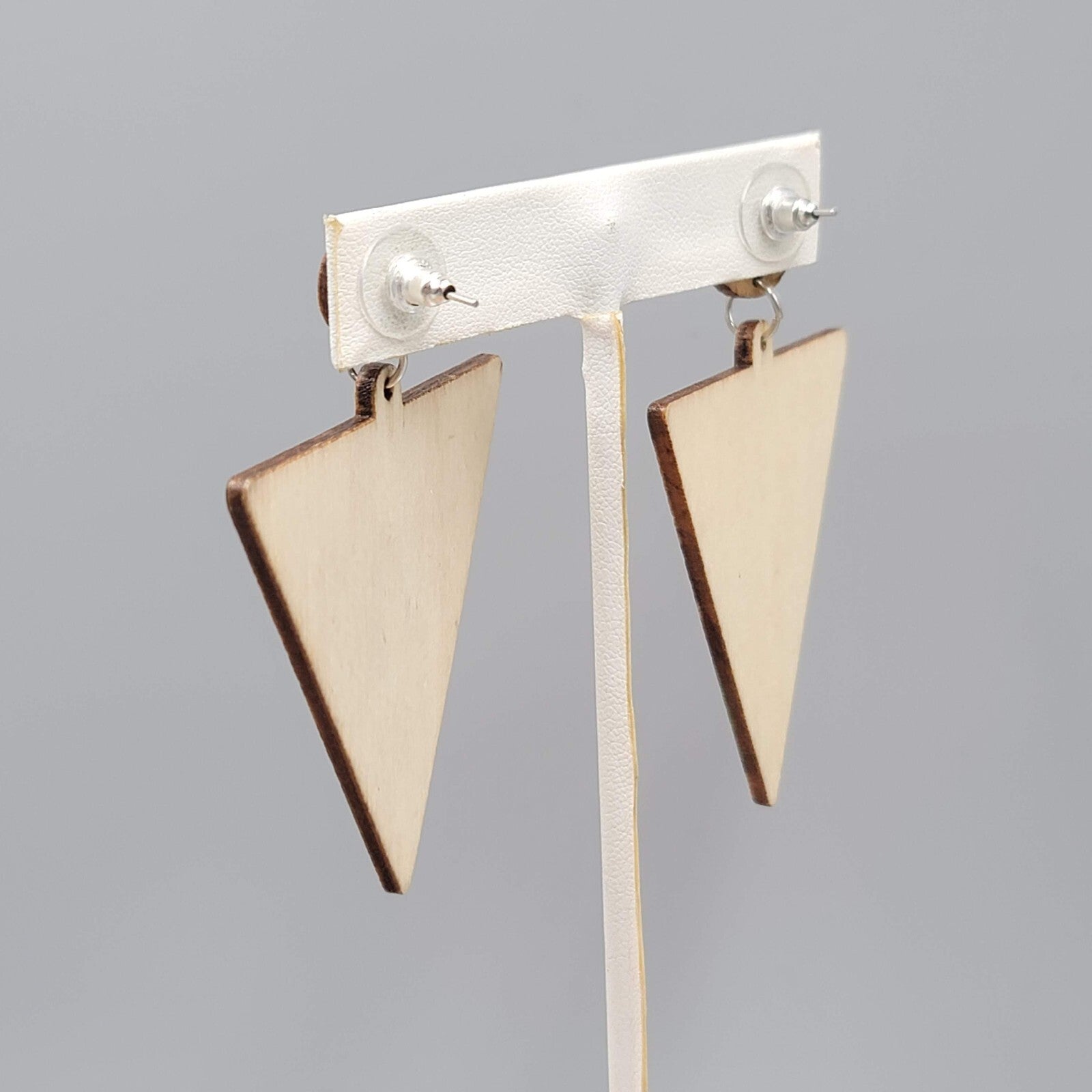 Large Wood Boho Statement Pierced Earrings Multicolor Design Triangle  2.5"