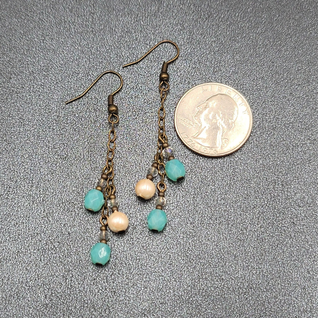 Pierced Earrings Bronze tone Blue Glass Bead Dangle Chains 1.75"