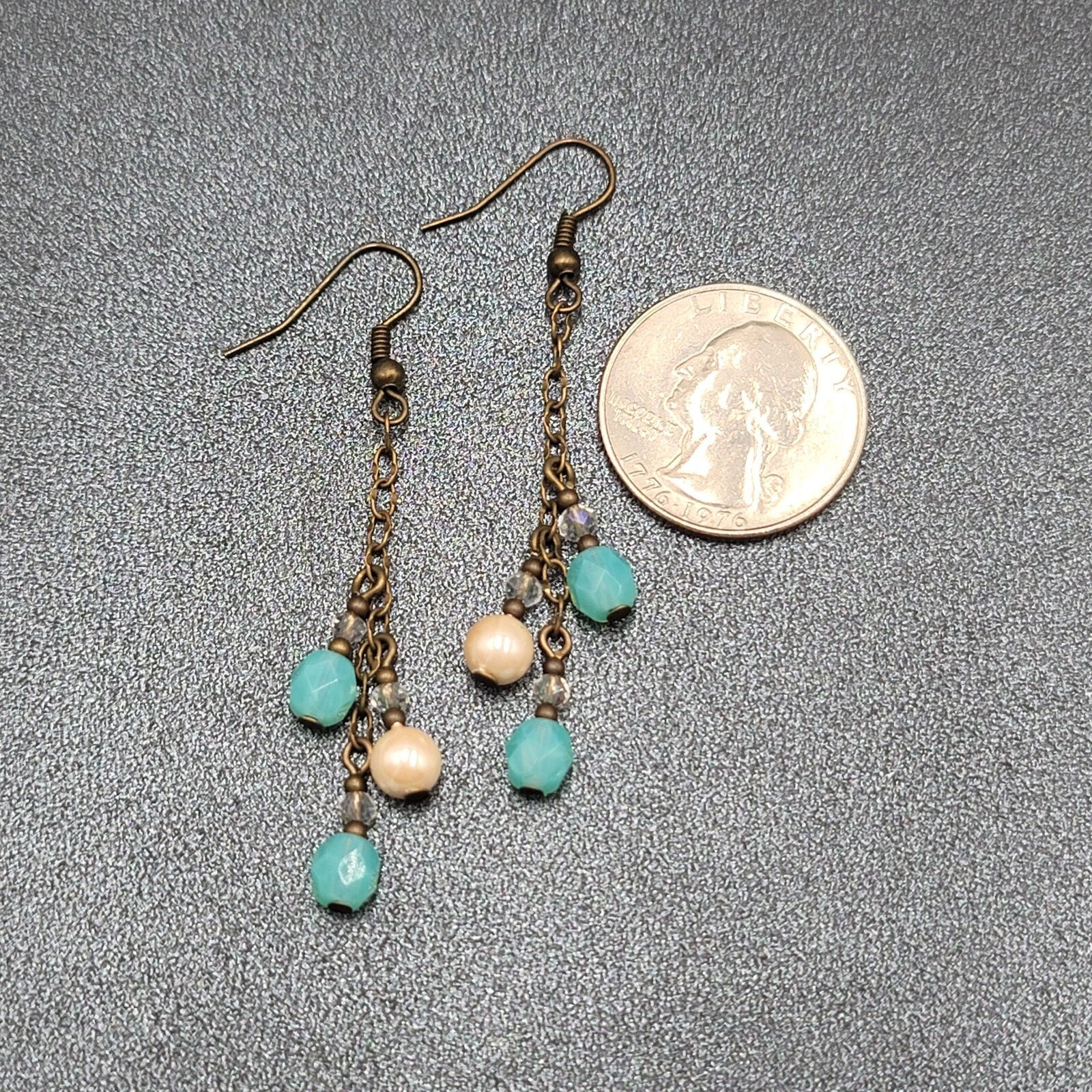 Pierced Earrings Bronze tone Blue Glass Bead Dangle Chains 1.75"