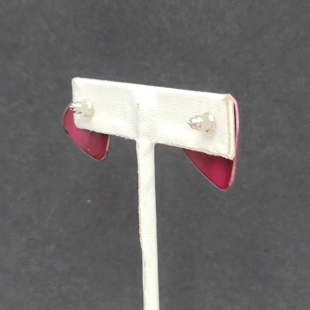 Vintage Pierced Earrings Burgundy Red Black Enamel over Metal Triangle Drop 3/4"