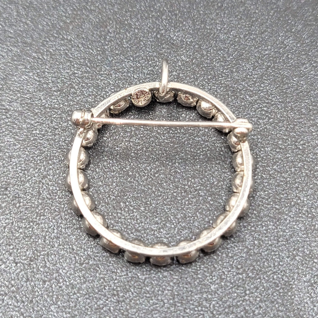 Vintage Sterling Silver Brooch Open Circle Crystal Rhinestone & Pendant 1 1/8"