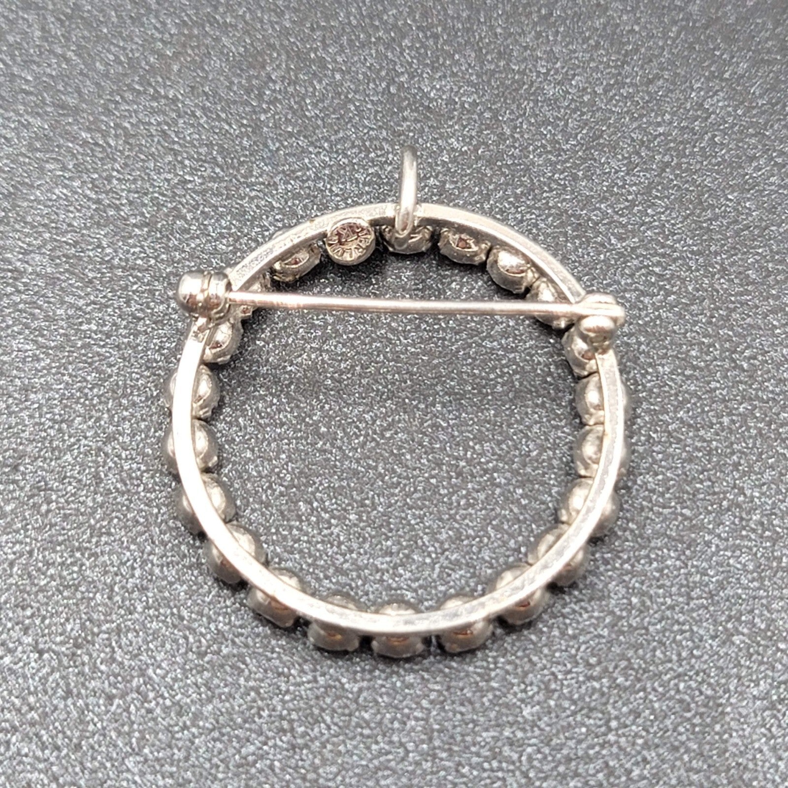 Vintage Sterling Silver Brooch Open Circle Crystal Rhinestone & Pendant 1 1/8"