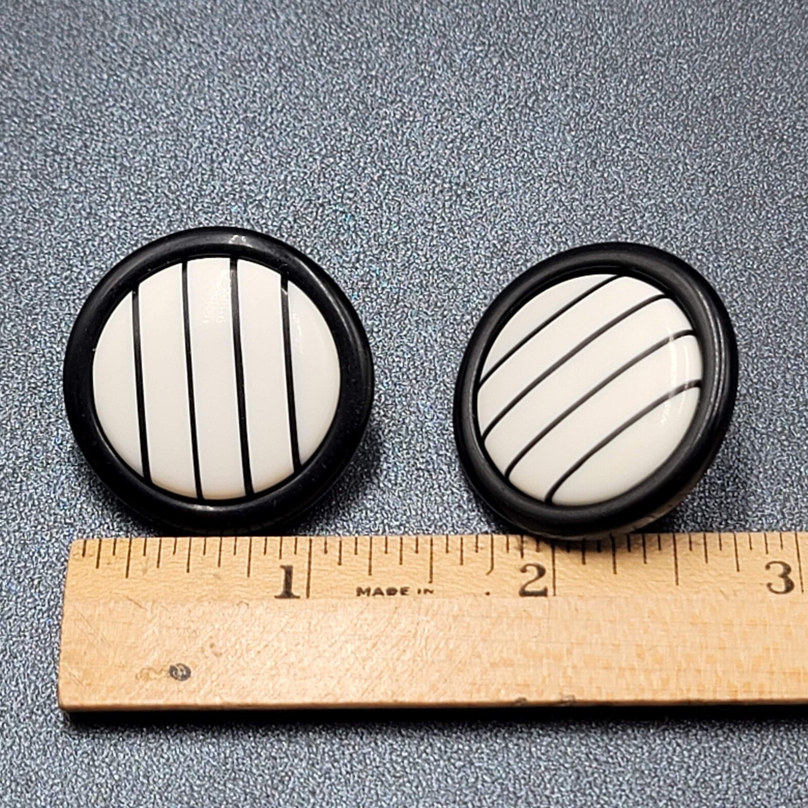 Vintage Pierced Earrings Black White Striped Round Drop 1.25"