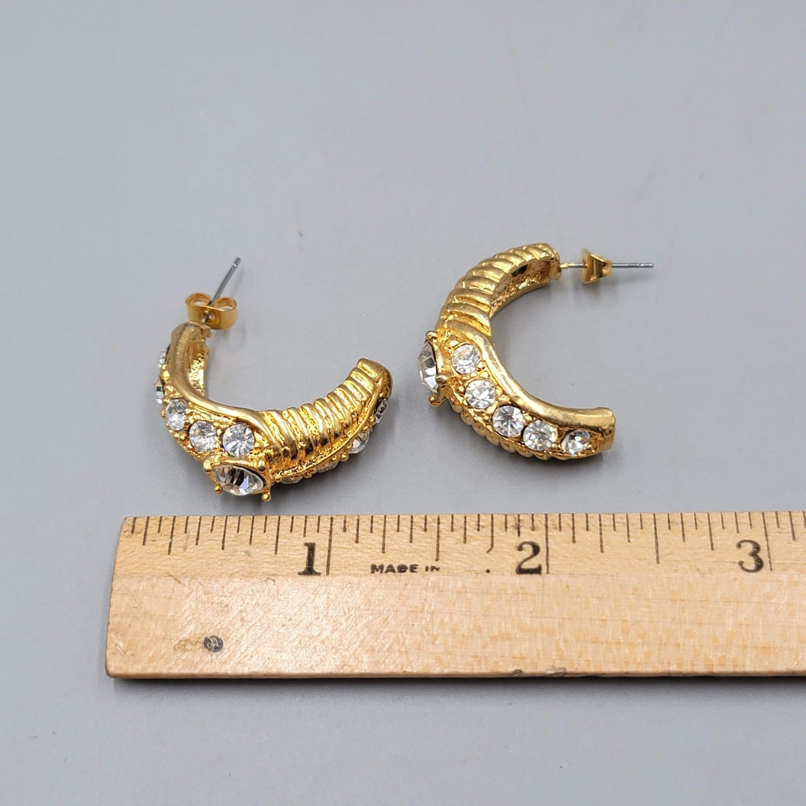 Half Hoop Rhinestone Pierced Earrings Gold tone Dangle Statement 1.25 in