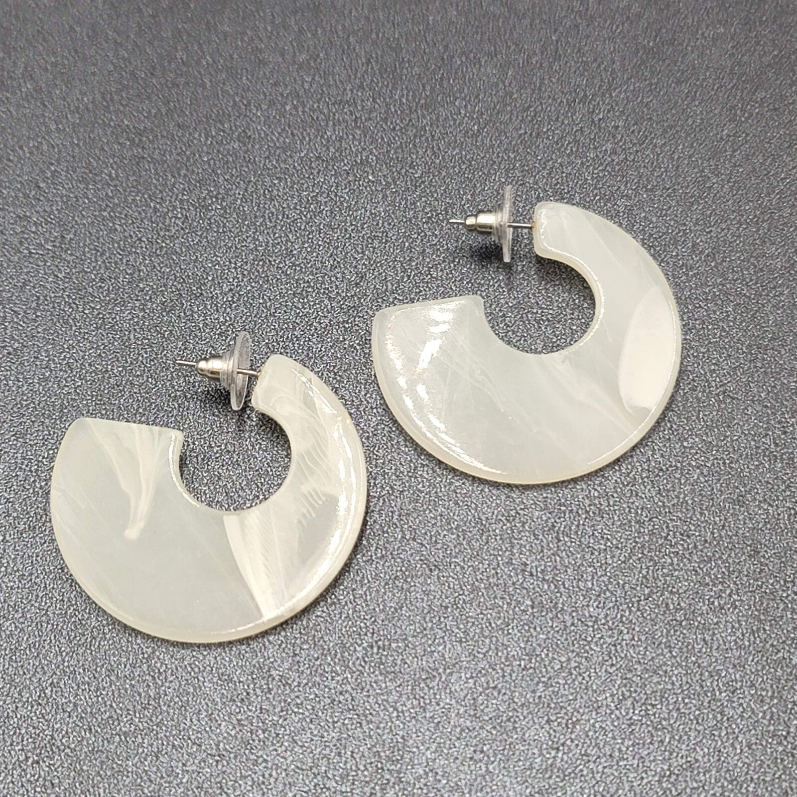 Pierced Earrings White Resin Wide Hoops Statement 1.5"