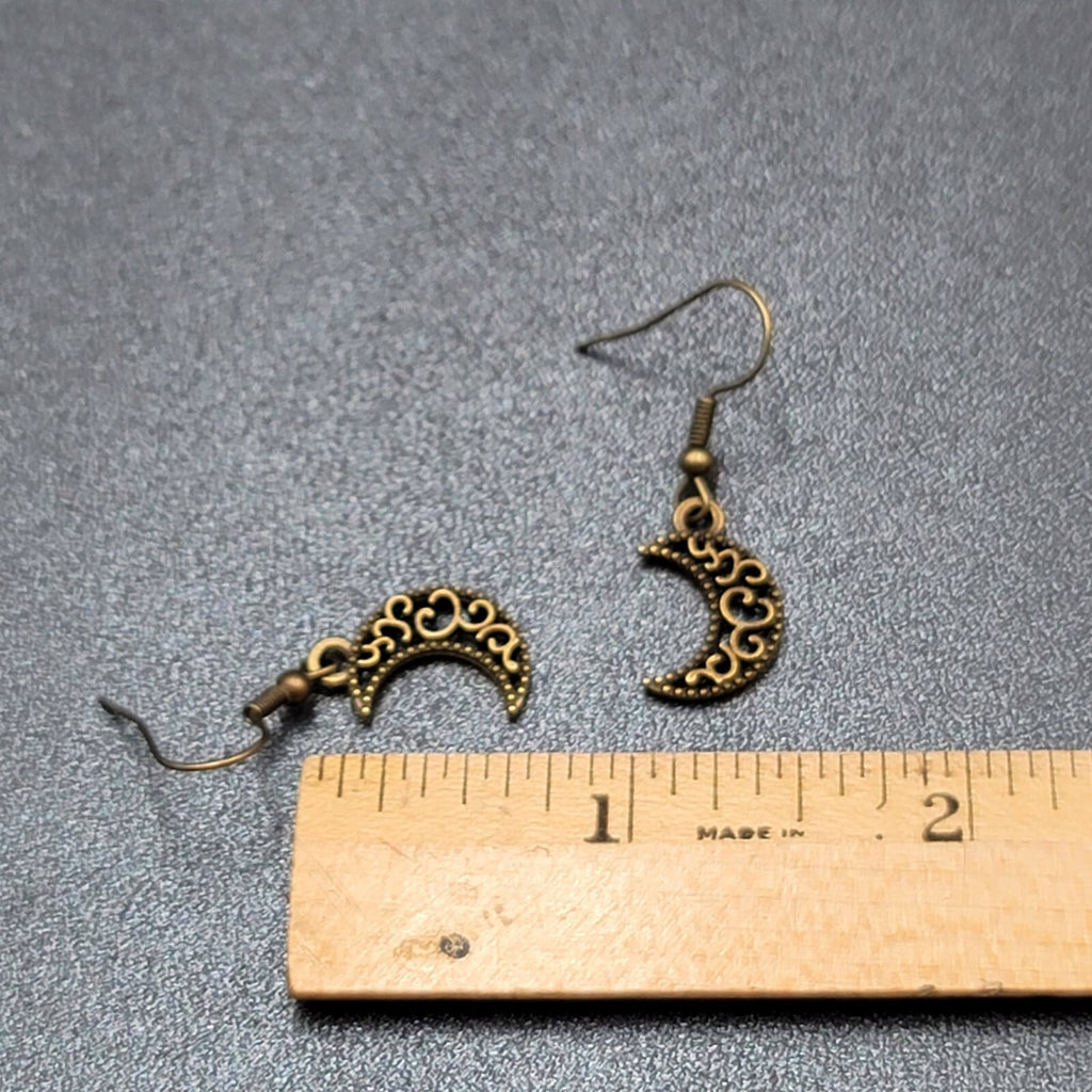 New MOON Pierced Earrings Bronze tone Open Work Metal Dangle 5/8"