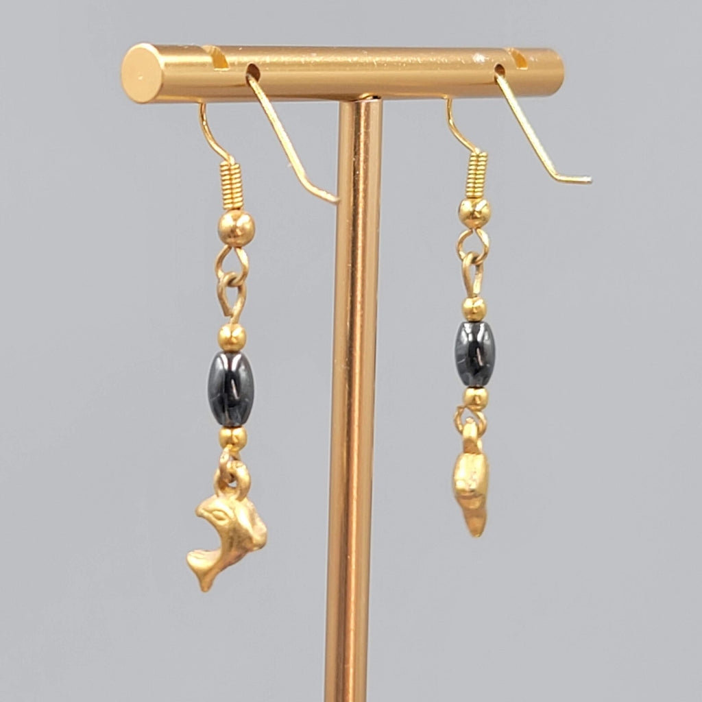 Vintage Dolphin Pierced Earrings Gold tone Hematite Stone Dangle 1 1/8"
