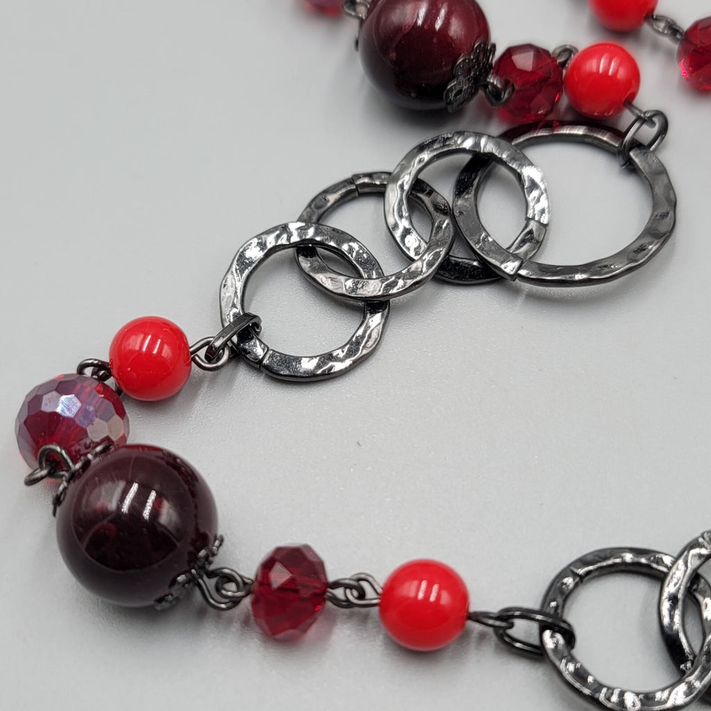 Premier Designs Necklace Black Metal Red Bead Statement Long 38"