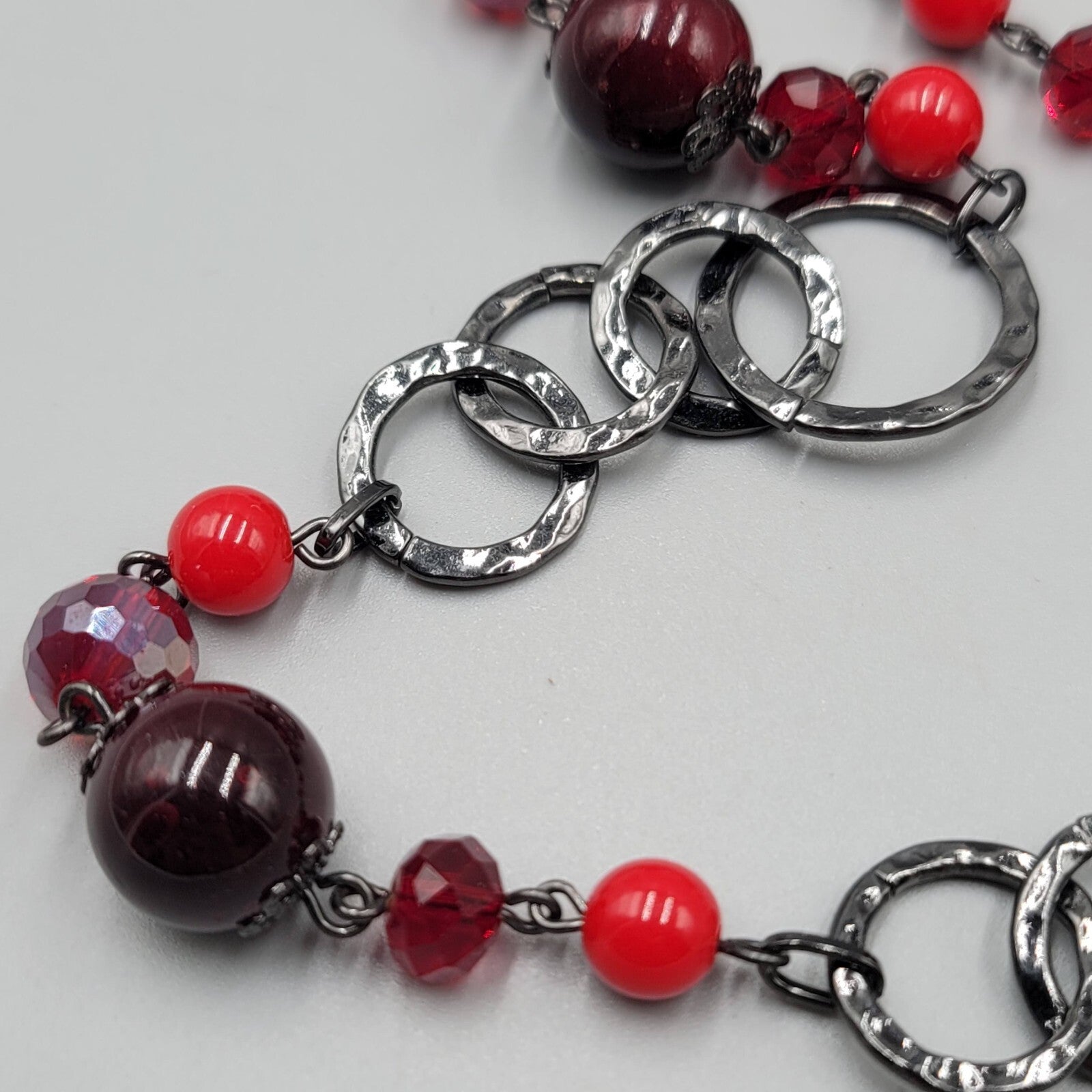 Premier Designs Necklace Black Metal Red Bead Statement Long 38"