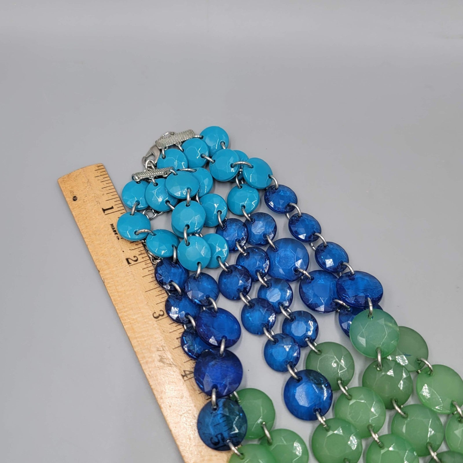 Large Triple Strand Blue Green Bead Necklace Statement 18"