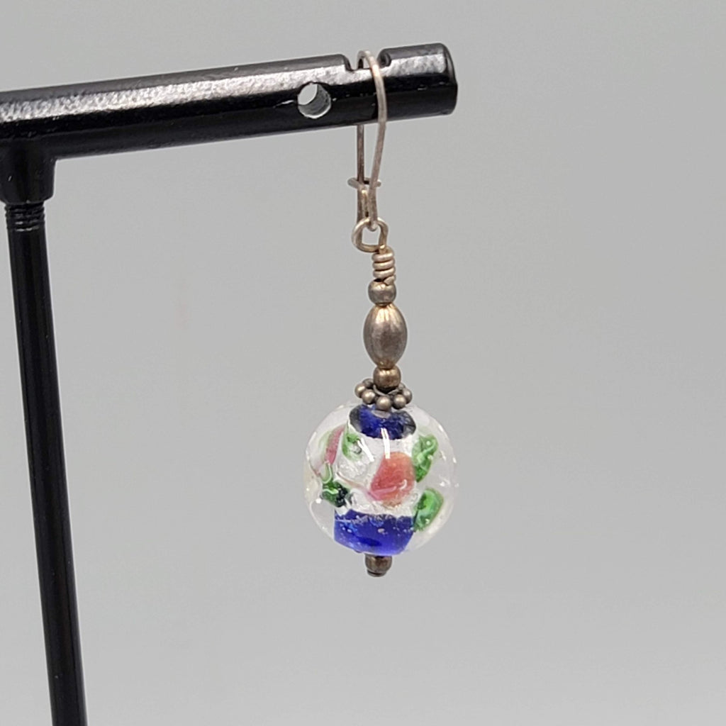 Art Glass Flower Pierced Earrings Silver tone Dangle 1"