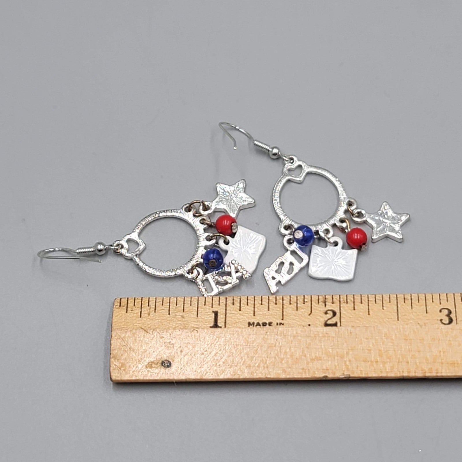Patriotic Pierced Earrings Silver tone Dangle  USA Flag Enamel 1.25"