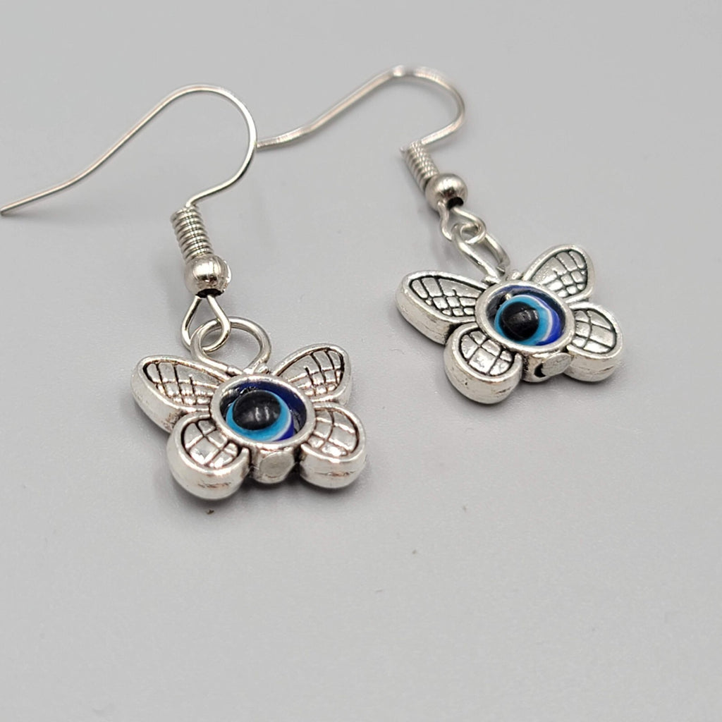 Butterfly Evil Eye Pierced Earrings Silver tone Blue Bead Dangle 5/8"