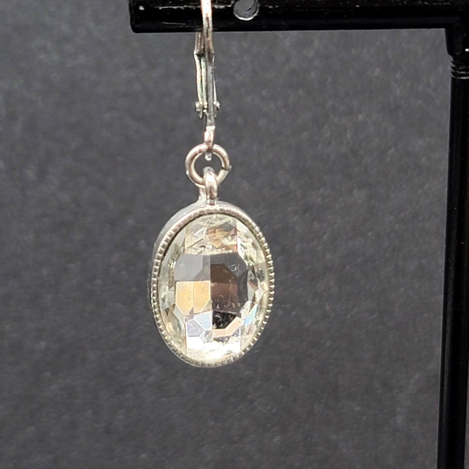 Pierced Earrings Silver tone Faceted Oval Glass Signed Dangle 3/4"