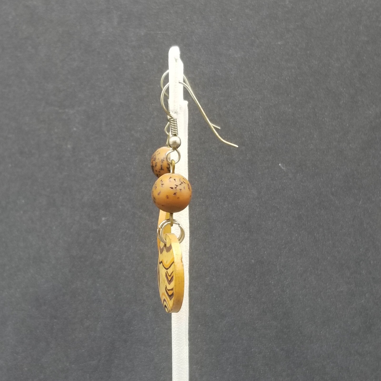 Pierced Earrings Silver tone Wooden Ethnic Statement Dangle 1 3/8"