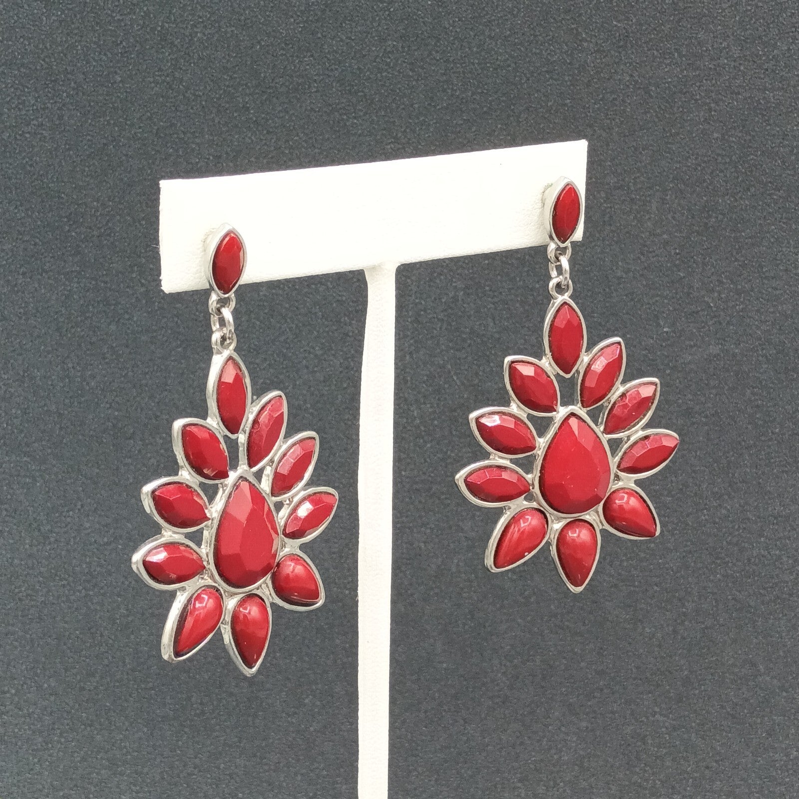 Pierced Earrings Silver tone Red Accent Chandelier Dangle 2.25"