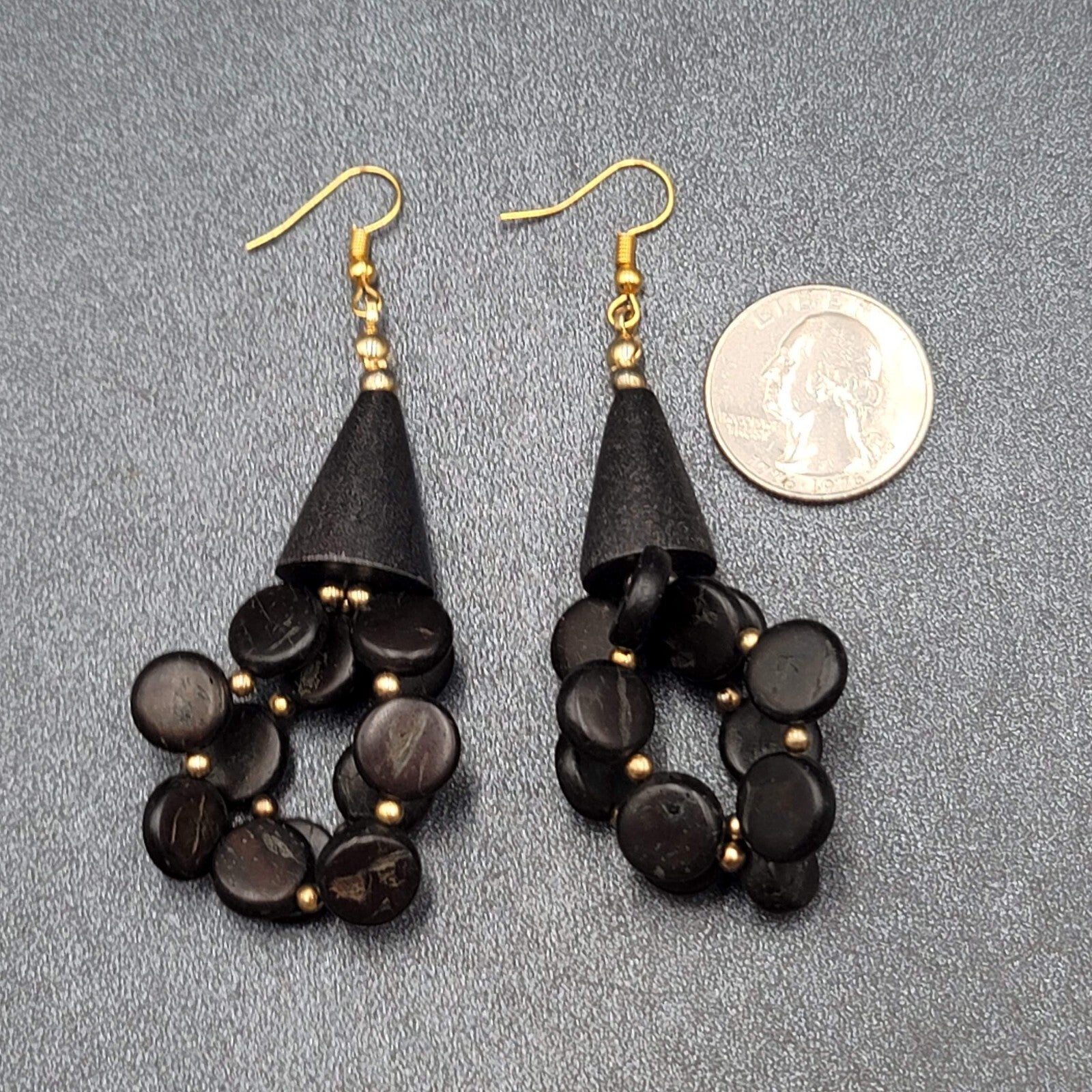 Vintage Pierced Earrings Black Coconut Beaded Statement 2.5"
