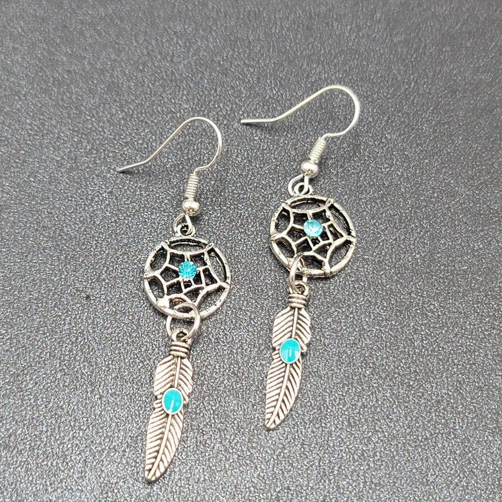 Dreamcatcher Pierced Earrings Silver tone Blue Rhinestone Enamel Feather  1 5/8"