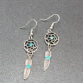 Dreamcatcher Pierced Earrings Silver tone Blue Rhinestone Enamel Feather  1 5/8"