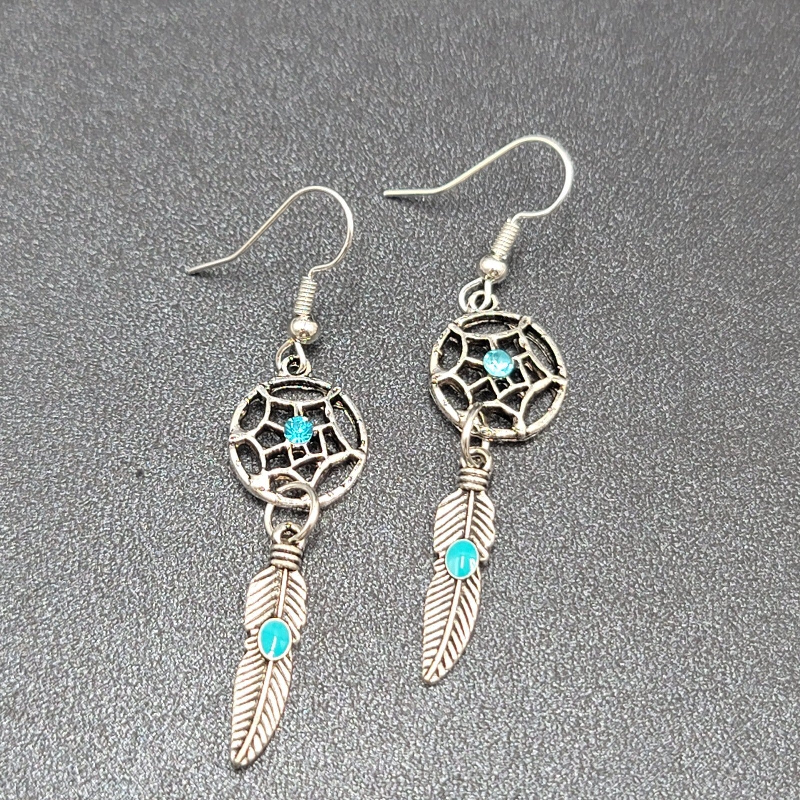 Dreamcatcher Pierced Earrings Silver tone Blue Rhinestone Enamel Feather  1 5/8"